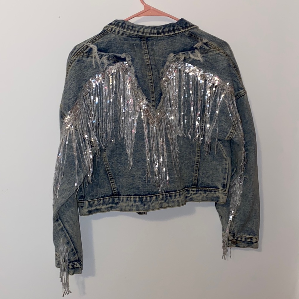 Sequin fringe denim jacket